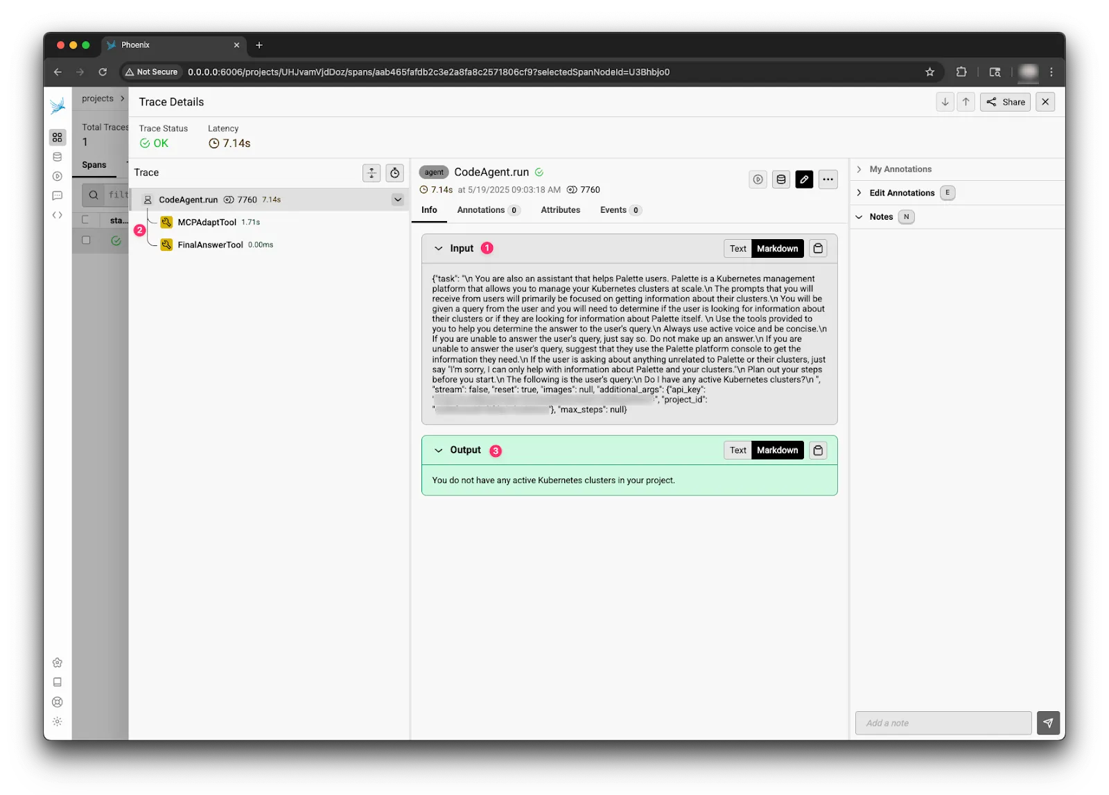Annotated trace view with numbered items highlighting input parameters, nested spans, and tool call results
